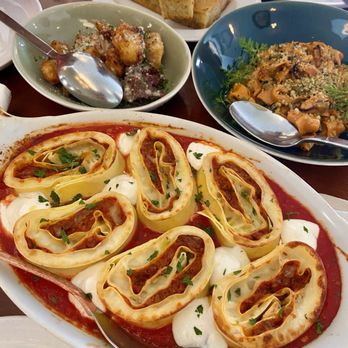 Don Angie - "Our Lasagna", Japanese sweet potatoes, complimentary bread, and Sopressini & Smoked Mussels - Italian Near Me - New York, New York