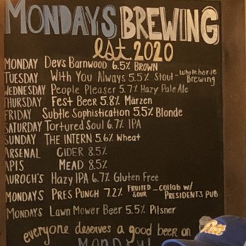 Mondays Brewing Company - Beer selections. Try the Marzen aka October Fest. - Breweries Near Me - McMurray, Pennsylvania Mondays Brewing Company - Beer selections. Try the Marzen aka October Fest. - Breweries Near Me - McMurray, Pennsylvania