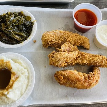 Scratch Fried Chicken - 3 fried tenders, mashed potatoes and gravy, collards and Buffalo & ranch sauce - Chicken Wings Near Me - Greensboro, North Carolina