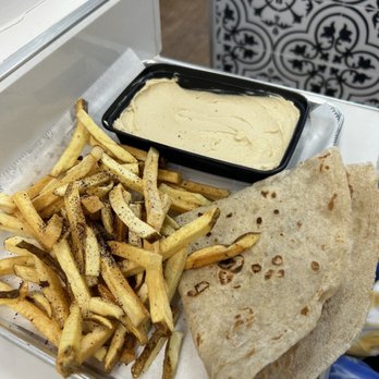 West Bank Street Eats - Hummus (no toppings) and very fresh French fries! And look at the pita! - Middle Eastern Near Me - O'Fallon, Illinois