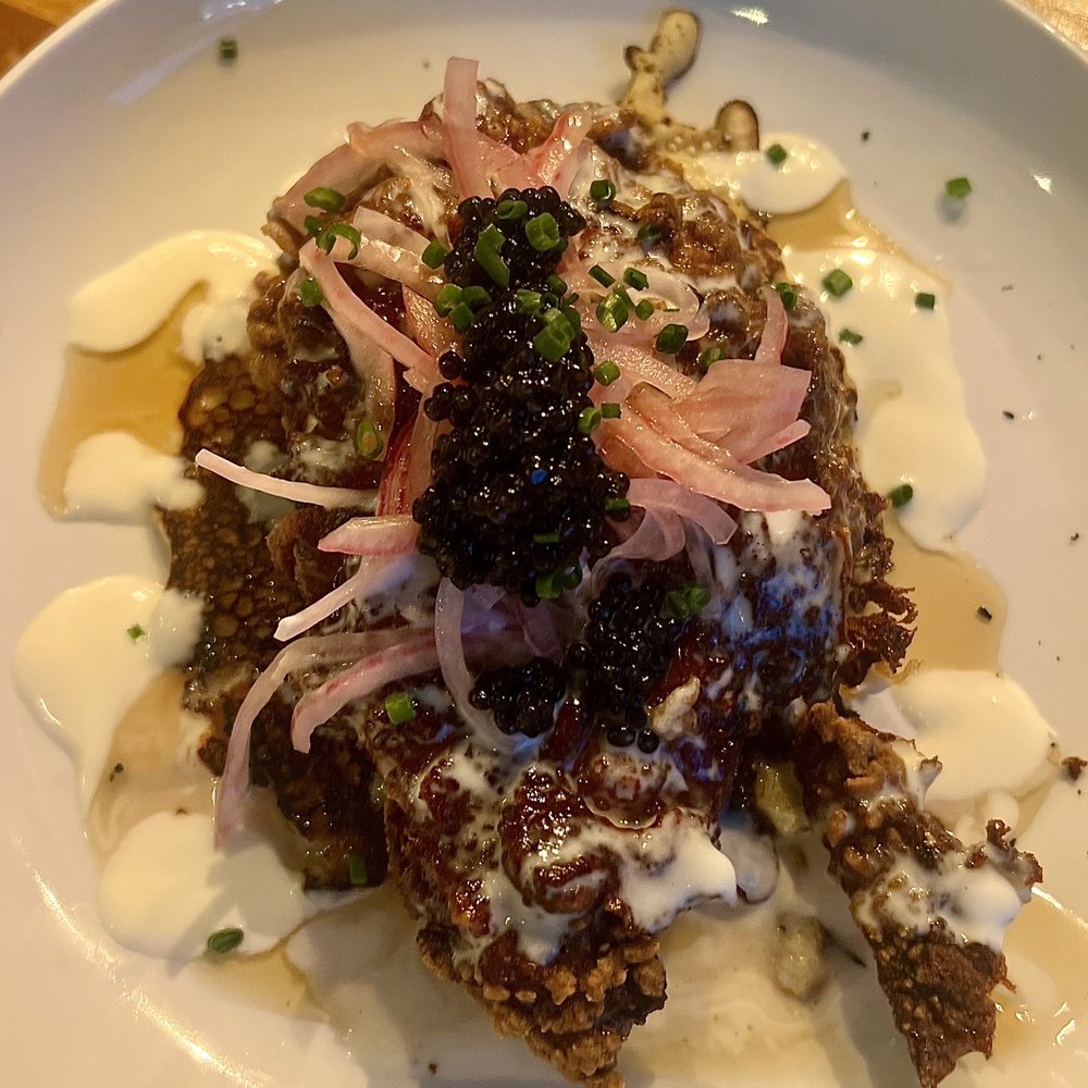 Tinker Street - Fried Chicken and Caviar - Hoecake, Creme Fraiche, Pickled Red Onion, Jalapeno Honey, Chive, Black Sturgeon Caviar - Wine Bars Near Me - Indianapolis, Indiana Tinker Street - Fried Chicken and Caviar - Hoecake, Creme Fraiche, Pickled Red Onion, Jalapeno Honey, Chive, Black Sturgeon Caviar - Wine Bars Near Me - Indianapolis, Indiana