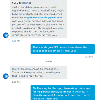 Graham Electric - The first part of the thumbtack conversation. - Electricians Near Me Graham Electric - The first part of the thumbtack conversation. - Electricians Near Me