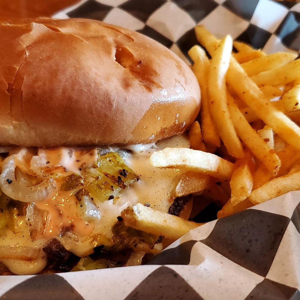 Chase the Taste - Green Chile Cheese Burger with seasoned fires. - New American Near Me - El Paso, Texas