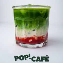 Pop Café - 1st Harvest Ceremonial Strawberry Matcha Latte. Syrup made in House with real fruit