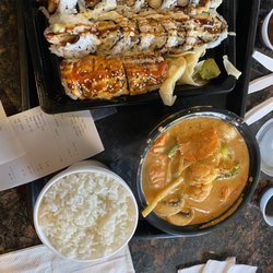 Thai One - Pictures is the 3 roll special and a red curry veggie bowl.