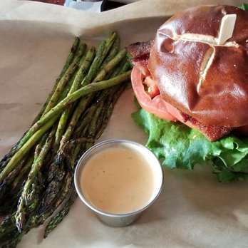 Craft'd - BLT w/ pretzel bun and asparagus side - American Near Me - Plainfield, Illinois