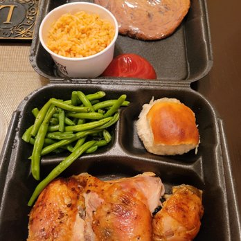 Cowboy Chicken - 3 piece dark meat chicken with green beans, a roll, Spanish rice, and a chocolate chip cookie. - American Near Me - Wylie, Texas Cowboy Chicken - 3 piece dark meat chicken with green beans, a roll, Spanish rice, and a chocolate chip cookie. - American Near Me - Wylie, Texas