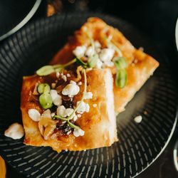 Foccacia with butternut squash butter, caramelized onions, rosemary salt, goat cheese