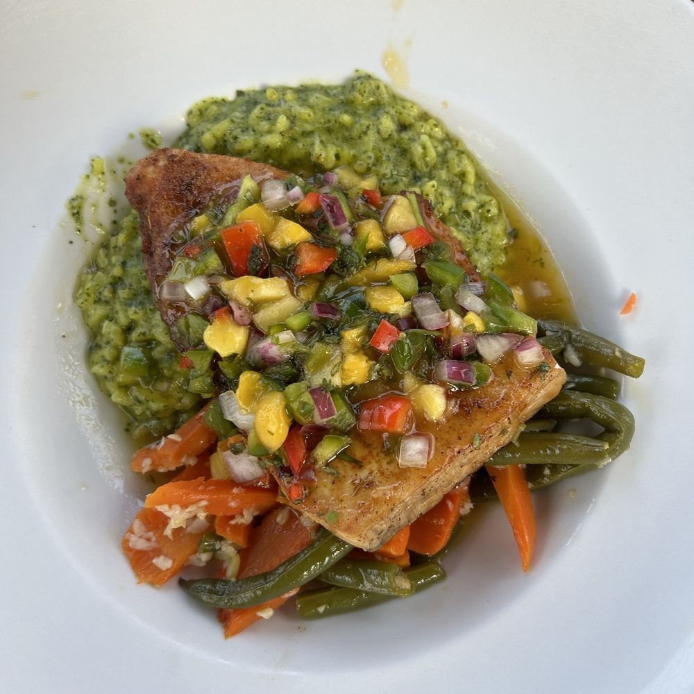 Weekend special- blackened swordfish over pesto risotto and veggies Weekend special- blackened swordfish over pesto risotto and veggies