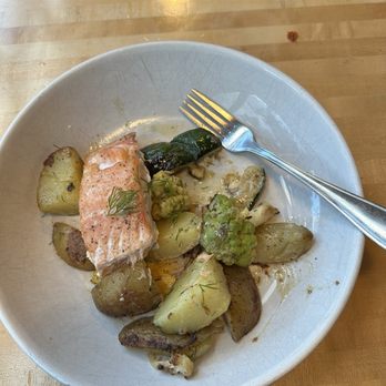 DESTIHL Restaurant & Brew Works - Salmon with Yellow Potatoes. I did take a bite of salmon before taking the food photo. - Brewpubs Near Me - Normal, Illinois DESTIHL Restaurant & Brew Works - Salmon with Yellow Potatoes. I did take a bite of salmon before taking the food photo. - Brewpubs Near Me - Normal, Illinois