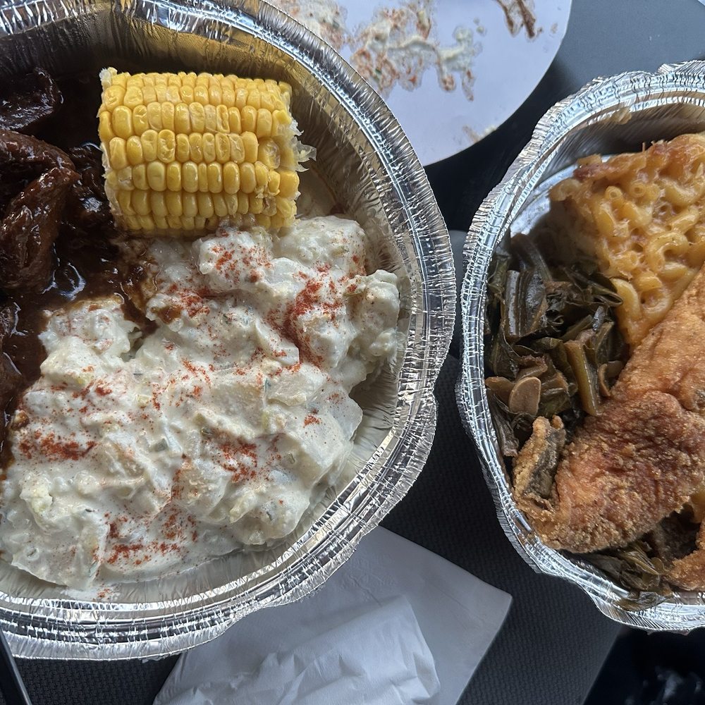 Now Thatz Good Eden - Haitian BBQ Beef Shank w/Potato Salad & Buttered Corn on the Cob.  Southern Fried Fish w/Mixed Greens & Baked Mac n' Cheese. - Comfort Food Near Me - Milan, New Mexico