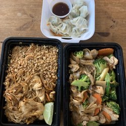 Bamboo Thai Kitchen - Pad thai (left), mini dumplings (above), pad see ew (right)