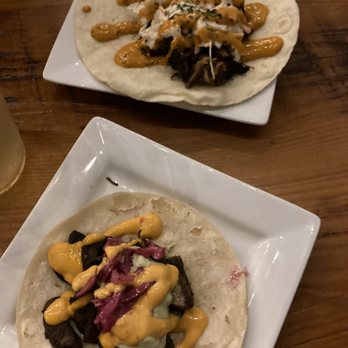 Mullers Cider House - Adobo mushroom taco and pulled pork taco - Bars Near Me - Rochester, New York Mullers Cider House - Adobo mushroom taco and pulled pork taco - Bars Near Me - Rochester, New York