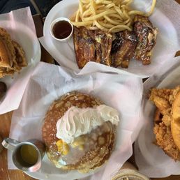 Crispy Chicken Waffle, Mango Sticky Rice Sauce Pancake, Monte Cristo.
