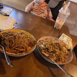 Pork belly fried rice and Grandmas Fried Noodles with chicken Pork belly fried rice and Grandmas Fried Noodles with chicken