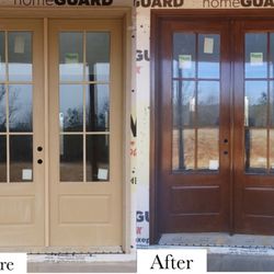 Fiberglass door gel stained with Old Masters Special Walnut then clear coated with PPG Clear Satin Finish.