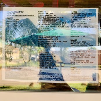 Maka's Korner - Full menu, 4/2023, sorry for the glare - Burgers Near Me - Kaunakakai, Hawaii
