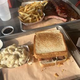 The Dirty Mustache on Texas Toast with Mac and Cheese, Full Rack of Ribs, Cowboy Fries