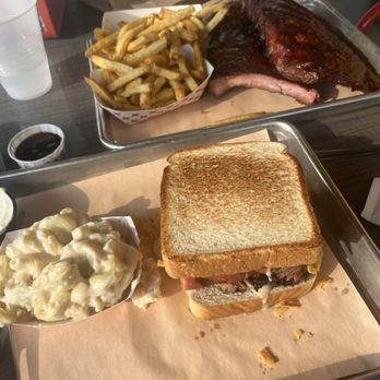Dukes BBQ Shack - The Dirty Mustache on Texas Toast with Mac and Cheese, Full Rack of Ribs, Cowboy Fries - Barbeque Near Me - Wentzville, Missouri