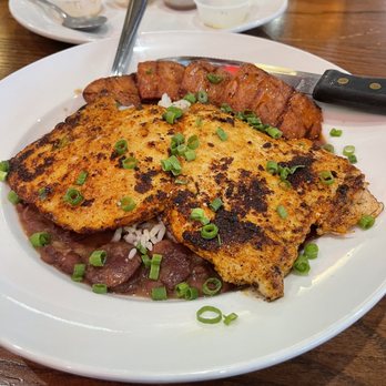 Fish City Grill - Blacked chicken with andouille sausage over red beans and rice. The bomb!! - Seafood Near Me - Burleson, Texas Fish City Grill - Blacked chicken with andouille sausage over red beans and rice. The bomb!! - Seafood Near Me - Burleson, Texas
