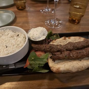 Mosaic Kitchen & Cocktails - Greek lamb kebabs with rice and delicious sauce - Coffee & Tea Near Me - Geneva, Illinois