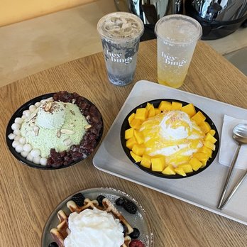 Heybings - Mixed berries liege waffle / Regular Matcha romance / Regular Mango paradise / Black sesame latte with espresso shot / Yuzu honey refresher - Desserts Near Me - Costa Mesa, California Heybings - Mixed berries liege waffle / Regular Matcha romance / Regular Mango paradise / Black sesame latte with espresso shot / Yuzu honey refresher - Desserts Near Me - Costa Mesa, California