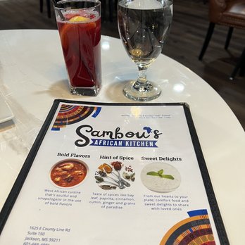 Sambou’s African Kitchen - Cocktail, Water and Menu - African Near Me - Jackson, Mississippi