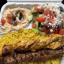 Combo kebab plate- lamb and chicken, rice, hummus, salad, and pita (not pictured) Combo kebab plate- lamb and chicken, rice, hummus, salad, and pita (not pictured)
