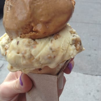 Ample Hills Creamery - Pistachio (bottom) and New York (top) scoops in a chocolate chip cone - Ice Cream & Frozen Yogurt Near Me - Brooklyn, New York
