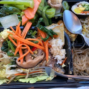 Korean Food Express - Grilled Mackerel (below the rice and vegs) - comes with banchan (various side dishes) - Korean Near Me - Markham, Ontario