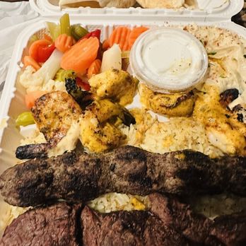 Wow Kabab - Beef kabab, kefta kabab, shrimp kabab combo plate with hummus and turshi - Mediterranean Near Me - Rancho Cucamonga, California