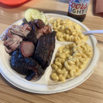 Little Miss BBQ - 2 meat plate, pulled pork and brisket-mix of fatty and lean, double Mac with pickles and a beer. - Barbeque Near Me - Phoenix, Arizona Little Miss BBQ - 2 meat plate, pulled pork and brisket-mix of fatty and lean, double Mac with pickles and a beer. - Barbeque Near Me - Phoenix, Arizona
