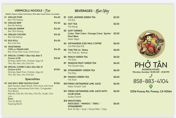 Menu photo 8 Pho Tan Poway, CA