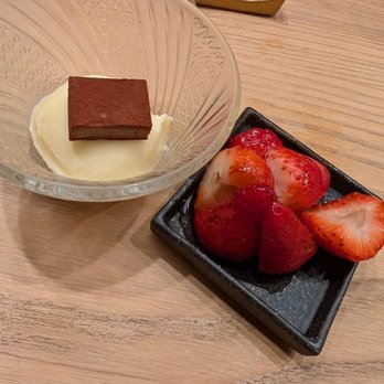 Tsuke Edomae - Brandy ice cream with royce chocolate and strawberry - Sushi Bars Near Me - Austin, Texas
