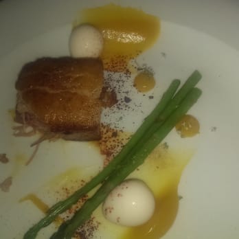 Watermark Restaurant - Braised pork belly with pickled quaill eggs and asparagus. - Canadian (New) Near Me - Gananoque, Ontario