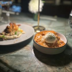 Sidecar Market - Grilled shrimp and hummus and kimchi rigatoni
