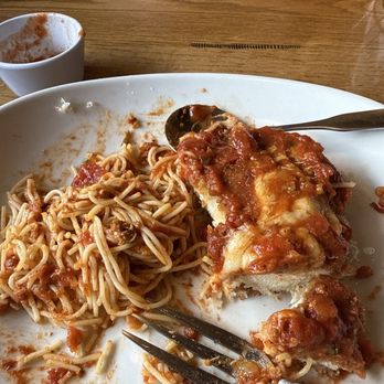 Olive Garden Italian Restaurant - Chicken parmigiana with angel hair pasta   and meat sauce.  Chicken Parmigiana - Italian Near Me - Canton, Georgia