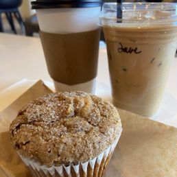 Mocha, Vanilla Iced Latte and blueberry muffin. Mocha, Vanilla Iced Latte and blueberry muffin.