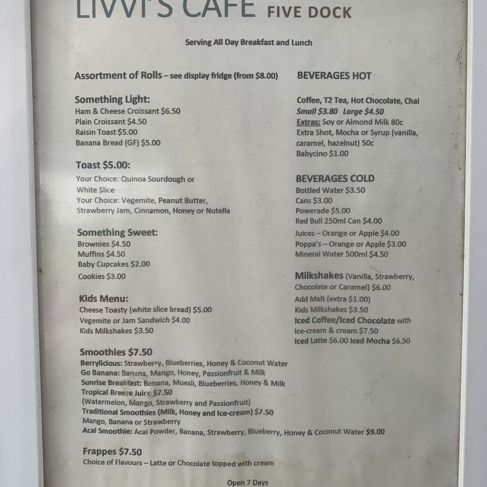Livvi's Cafe - Menu - Coffee & Tea Near Me - Five Dock, NSW Livvi's Cafe - Menu - Coffee & Tea Near Me - Five Dock, NSW