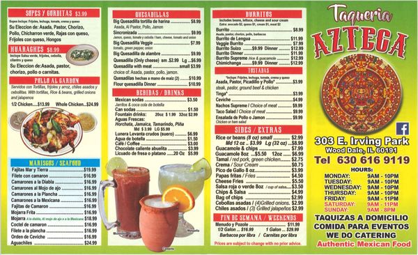 Menu photo 2 Taqueria Azteca Wood Dale, IL Menu photo 2 Taqueria Azteca Wood Dale, IL
