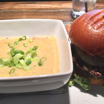 Fork & Fig - Beef and Gouda burger with avocado and a side of chowder - Burgers Near Me - Albuquerque, New Mexico