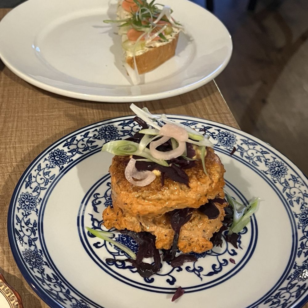 Wind Cries Mary - 1) Salmon Cakes 2) smoked Rockfish, pickled vegetables, french bread, green onion - Wine Bars Near Me - Victoria, British Columbia Wind Cries Mary - 1) Salmon Cakes 2) smoked Rockfish, pickled vegetables, french bread, green onion - Wine Bars Near Me - Victoria, British Columbia