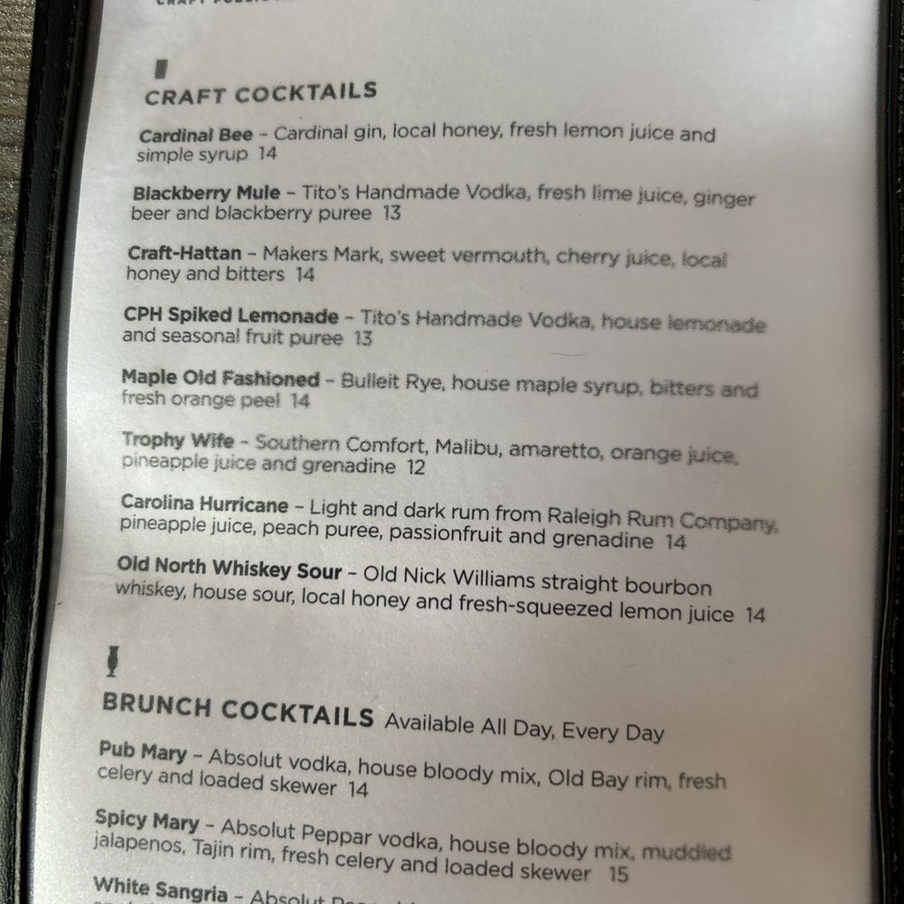 Craft Public House - Cocktail menu - Sports Bars Near Me - Cary, North Carolina