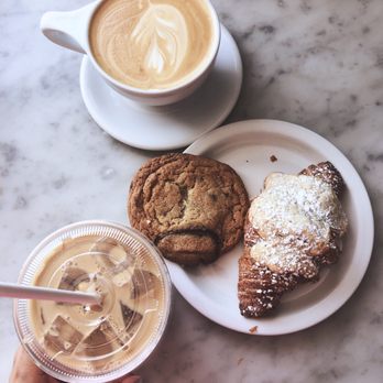 Proof Bakery - Pistachio croissant, chocolate chip cookie, an iced latte with oatmilk and a hot latte. - Coffee & Tea Near Me - Los Angeles, California