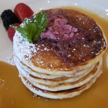 44 & X Hell's Kitchen - Stacks of silver dollar pancakes, Blueberry butter, and Vermont maple syrup - New American Near Me - New York, New York