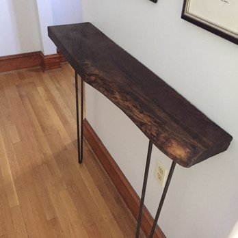 Hillcrest Carpentry - Walnut entryway table with wrought iron hairpin legs custom made by in our shop at Hillcrest Carpentry. - Carpenters Near Me Hillcrest Carpentry - Walnut entryway table with wrought iron hairpin legs custom made by in our shop at Hillcrest Carpentry. - Carpenters Near Me