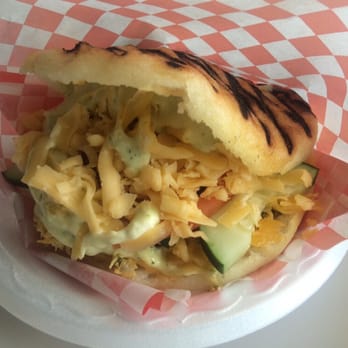 Are Pitas - Pulled chicken arepa with hummus, cucumber, tomato, Gouda, and some awesome sauce the guy recommended that's mayo-based... Mmmm! - Lebanese Near Me - Tampa, Florida Are Pitas - Pulled chicken arepa with hummus, cucumber, tomato, Gouda, and some awesome sauce the guy recommended that's mayo-based... Mmmm! - Lebanese Near Me - Tampa, Florida