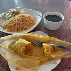 La Esquina Cubana - Tamale, black beans, yellow rice, salad.