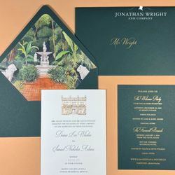 Jonathan Wright & Company - Custom wedding suite design with foil stamping, letterpress printing, 24K gold bevel edge, hand calligraphy and watercolor envelope lining.