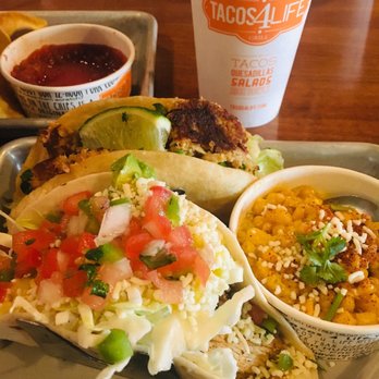 Tacos 4 Life - Crab cake taco at the top with the chicken mango habanero below.  The corn side was amazing! - Tacos Near Me - Concord, North Carolina